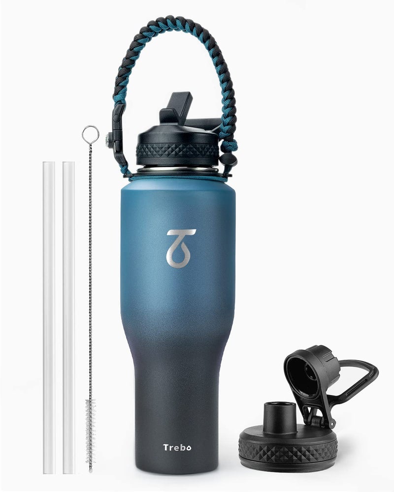 Trebo 40oz Water Bottle Insulated with Lid and Straw Double Wall Vacuum Stainless Steel Metal Tumbler Flask Fit in Any Car Cup Holder with Paracord Handle Leakproof Keep Cold Hot Indigo/Black - Image 1
